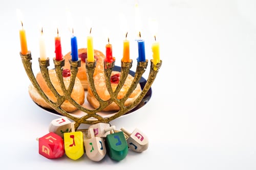 Preview: Menorah With Candles, Donuts With Jelly And Wood Dreidels With Hebrew Caps Letters For Hanukkah