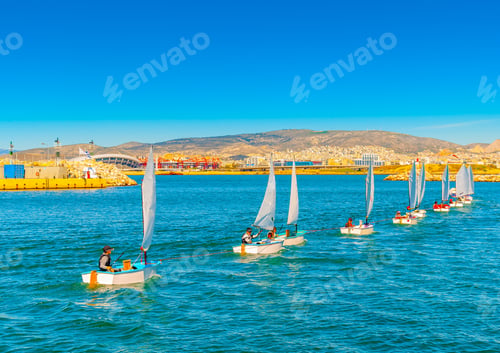 Preview: Optimist Type Sailing Boats During Training At Palaio Faliro Gulf In Athens Greece