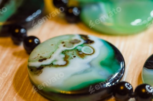 Preview: Large Polished Beads Of Beautiful Translucent Green Agate Gemstone, Macro