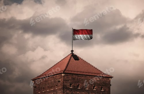 Preview: Towering Architecture with Red and White Flag