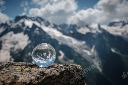 Preview: Transparent Glass Sphere And Snow-Capped Peaks In The Background. Concept And Idea Of Travel