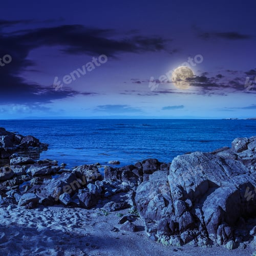 Preview: Sea Wave Attacks The Sandy Beach And Break On Them At Night In Moon Light