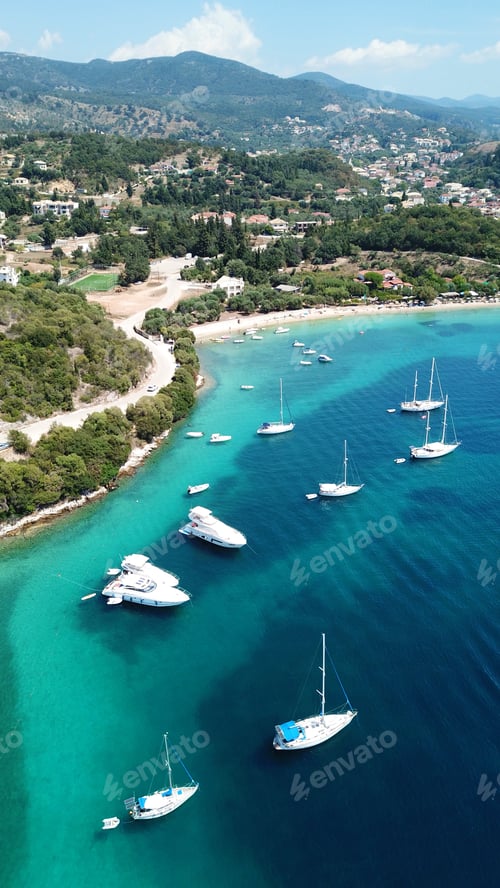 Preview: Aerial Drone Bird'S Eye View Of Popular Beach Of Zeri With Beautiful Emerald Sandy Beach Full Of