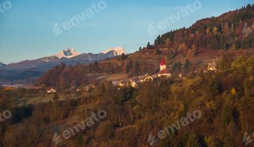 Preview: Sunrise In Slovenian Countryside With Village Zasip Below Triglav And Julian Alps.