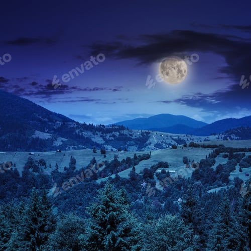 Preview: Slope Of Mountain Range With Coniferous Forest And Village At Night In Moon Light