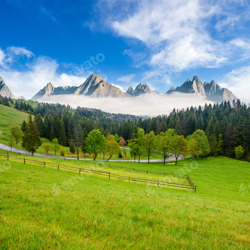 Preview: Composite Summer Mountain Landscape. Rural Valley With Fence On A Grassy Meadow. Curve Road Goes To