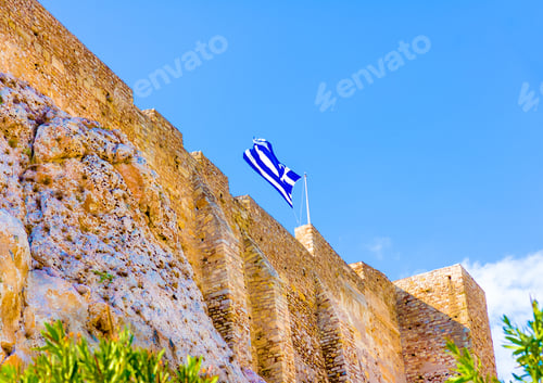 Preview: The Greek Flag On The Rock Of Acropolis In Athens Greece
