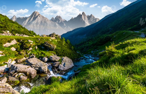 Preview: Stream Among The Rocks In Grassy Valley. Gorgeous Summertime Composite Landscape With High Tatra