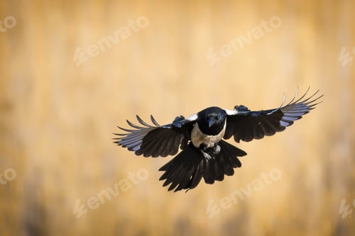 Preview: Flying Bird Magpie. Yellow Nature Background. Bird: Eurasian Magpie. Pica Pica.