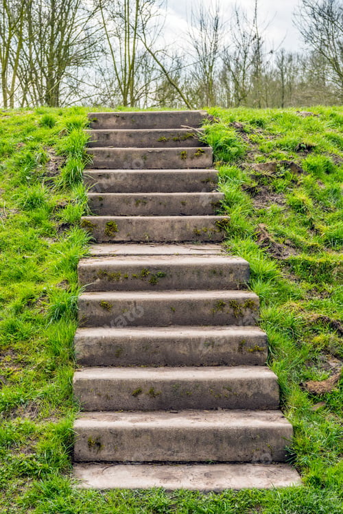 Preview: Concrete Staircase In A Dutch Embankment Covered With Green Grass. Itâ´S At The End Of The Winter