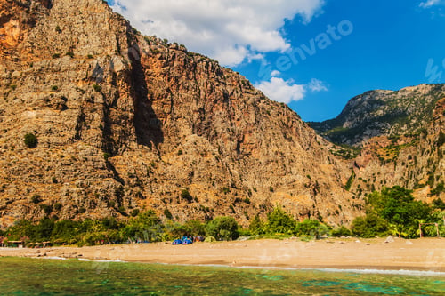 Preview: Rocks Hills Mountains Sea Landscape Photo Of Beautiful Beach On Island. Island Scenery Seascape