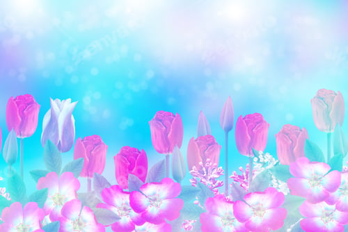 Vista previa: Bright And Colorful Flowers Tulips On The Background Of Spring Landscape. Holiday Card
