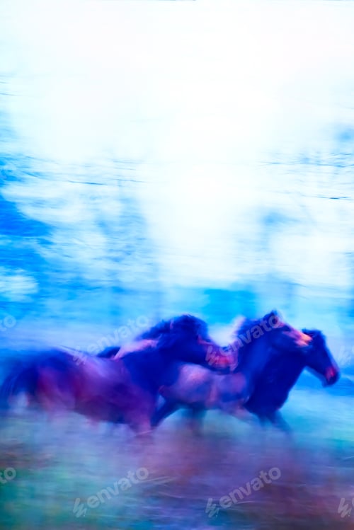 Preview: Running Wild Horses. Motion Blur Background. Abstract Nature And Animals Photos.