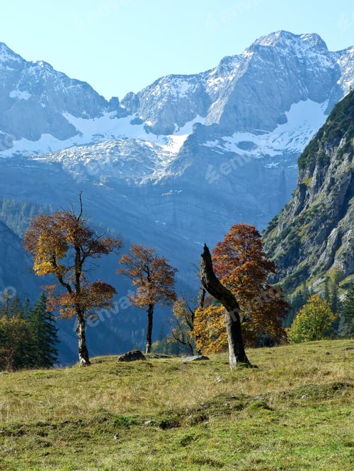 Preview: Golden October Landscape At Famous Ahornboden Valley With View To Karwendel Mountains, Austria