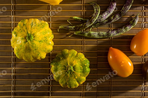 Preview: Autumn Still Life - Small Spotted Squash, Asparagus Beans, Purple Basil, Paprika, Yellow And