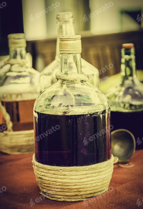Preview: Bottles With Colored Liquid, Detail Of Colors And Glass, Containers