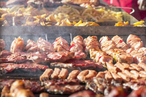 Preview: Different Kind On Grilled Meat And Sausages With Smoke And Steam From The Grill