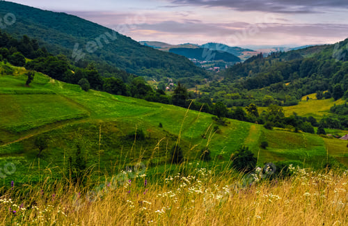 Preview: Agricultural Fields On Hills In Mountainous Rural Area At Sunrise. Dramatic Countryside Landscape