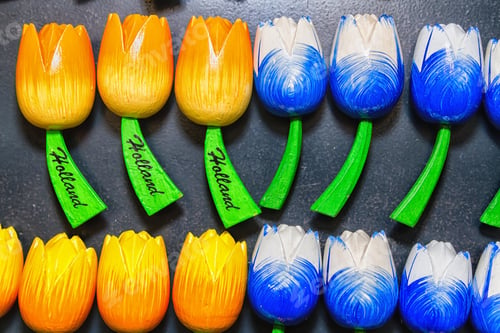 Preview: Traditional Wooden Colorful Tulips In Souvenir Shop. Amsterdam, Netherlands
