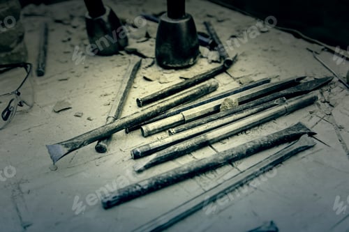 Preview: Old Tools For Stone Carving Handcrafted, Detail Of A Manual Craft