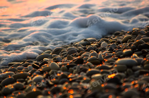 Preview: Pebble Stones On The Sea Beach, The Rolling Waves Of The Sea With Foam