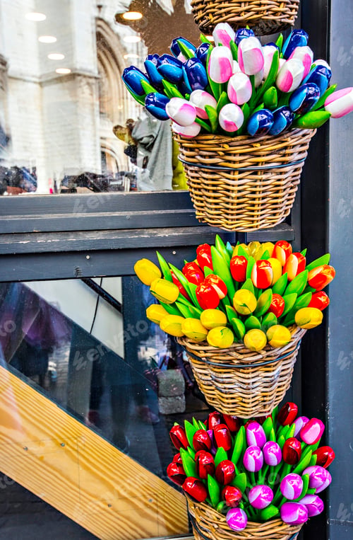 Preview: Colorful Wooden Tulips In The Wicker Baskets, Souvenirs From Benelux Counties, Antwerp, Belgium