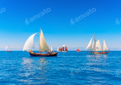 Preview: Several Old Classic Wooden Sailing Boats During A Classic Boats Regatta In Spetses Island In Greece