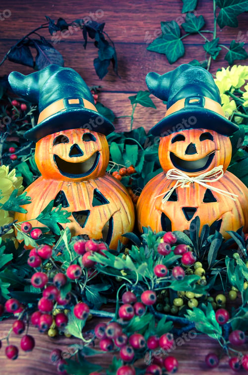 Preview: Orange Halloween Pumpkin Decoration And Chrysanthemum Flower