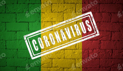 Preview: Flag Of The Mali On Brick Wall Texture. Stamped Of Coronavirus. Corona Virus Concept. On The Verge