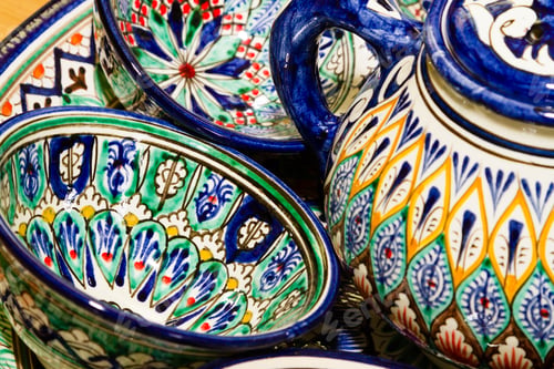 Preview: Traditional Uzbek Plates And Dishes In Uzbekistan, Central Asia. Silk Road Country.Plates With