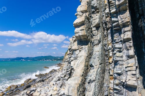 Preview: Rocky Sea Shore With Pebble Beach, Waves With Foam