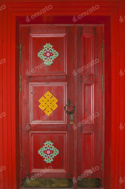 Preview: Scarlet Wooden Door In Buryat Or Tibetan Style (In Buddhist Datsan - Monastery) With A Bronze