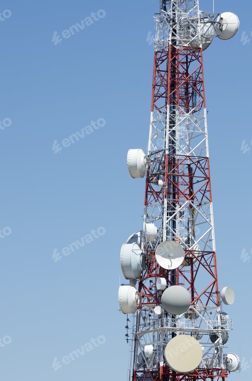 Preview: Closeup Of A Telecommunications Tower With A Clear Blue Sky