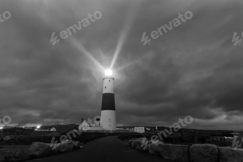 Preview: Portland Bill Lighthouse Photographed As Dusk In Monochrome.