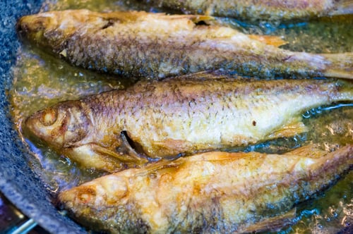 Preview: Fried River Fish With Crispy Crust In A Frying Pan, Homemade Dish, Close Up