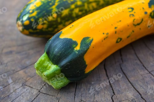 Preview: Unusual Green-Orange Zucchini On An Old Wooden Background