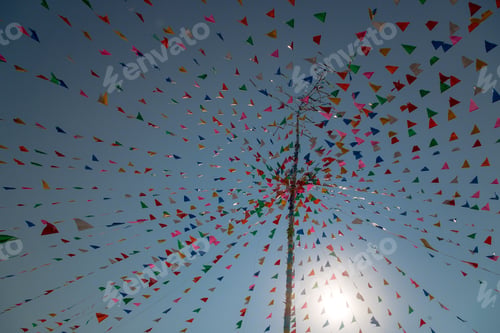 Preview: Multi-Color Triangle Pray Flags At Thai Celebration Festival With Cloud And Blue Sky Background