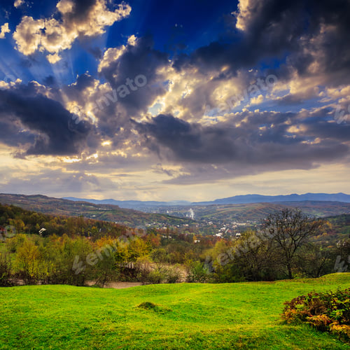 Preview: Autumn Landscape. Village On The Hillside. Forest On The Mountain Light Fall On Clearing On