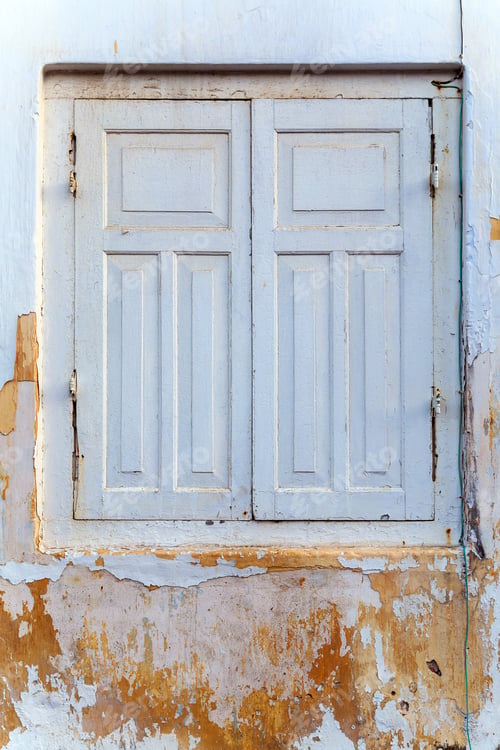 Preview: White Shutters Old Frame Window On Cement Wall