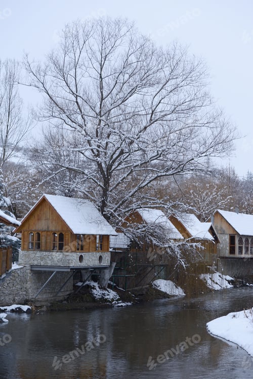 Preview: Beautiful Winter Landscape With Cafe And Water Canal, Armenia