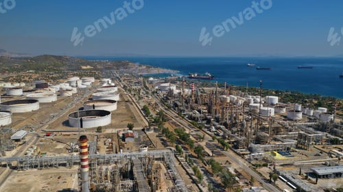 Preview: Aerial Drone Photo Of Industrial Oil Refinery Plant In Popular Mediterranean Seaside Area