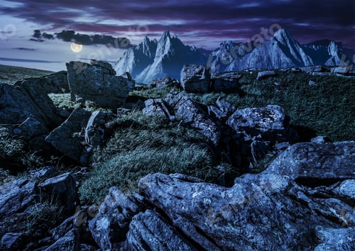 Preview: Composite Image Of Rocky Peaks And Rocks On Hillside In High Tatra Mountain Ridge At Night In Full