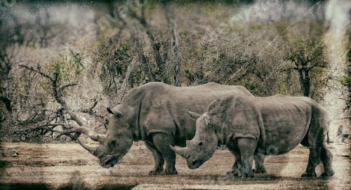 Preview: Vanishing Africa: Vintage Style Image Of White Rhinoceroses In Hlane National Park, Swaziland