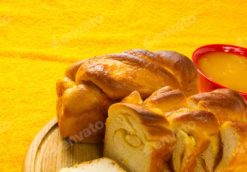 Preview: Peach Strudel With Natural Honey In A Red Bowl On A Bright Yellow Textile Background