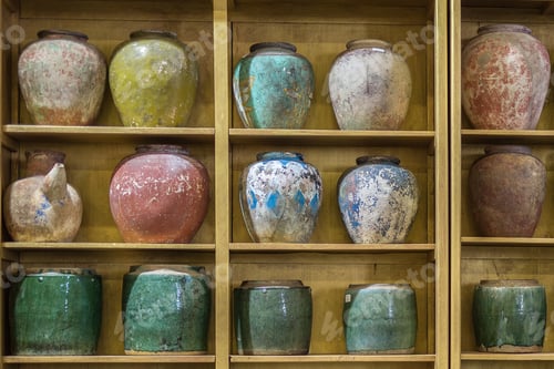 Preview: Antique Coloured Porcelain Empty Vases Displayed On A Shelf.