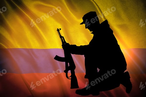 Preview: Closeup Of Grunge Flag Of Colombia With The Silhouette Of A Soldier With A Gun. Flag With Original