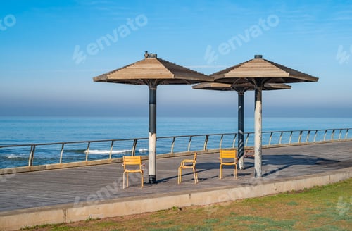 Preview: Wooden Deck And Umbrellas At Tel Aviv Port.