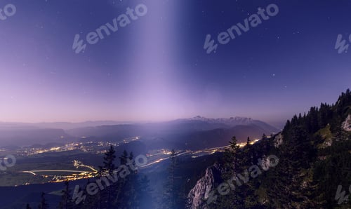 Preview: Night On The Mountain With Stars At Full Moon. View Of The Valey And Towns At Night.