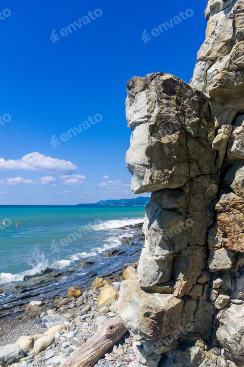 Preview: Rocky Sea Shore With Pebble Beach, Waves With Foam