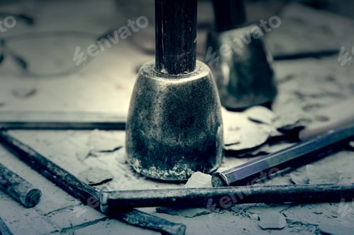 Preview: Old Tools For Stone Carving Handcrafted, Detail Of A Manual Craft